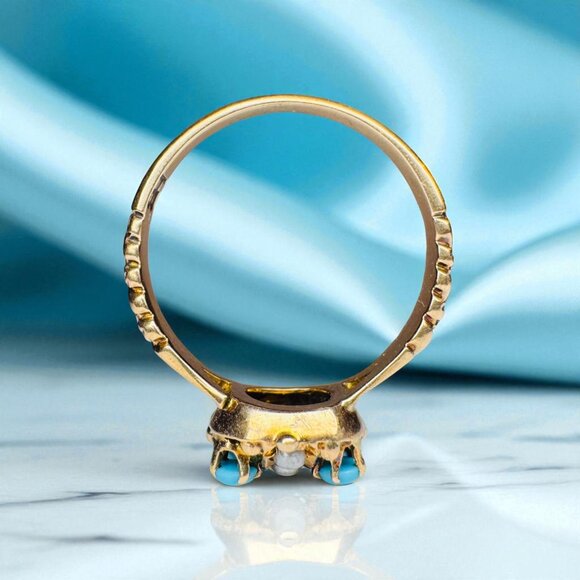 ANTIQUE- 10K Gold Turquoise & Seed Pearl Ring -Sz 6.75- Victorian Western 2.1g - Picture 9 of 16
